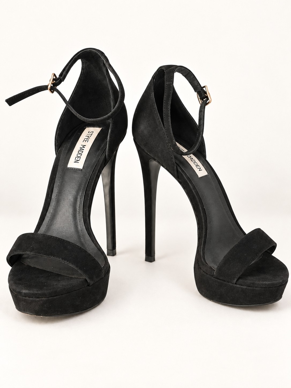 Steve Madden Black Suede Platform Ankle-Strap Stiletto Heels
